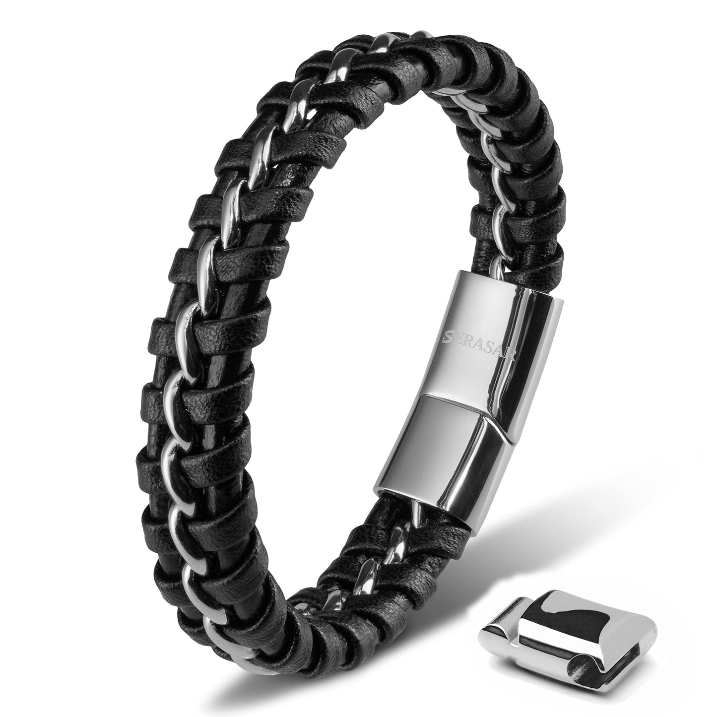 SERASAR Mens Silver Bracelets 17cm Bracelet Men Gift Box Genuine Leather Cowhide Braided Magnetic Clasp Multi Layer Wrap Rope Man Mans Male Band Jewelry Magnet Accessories