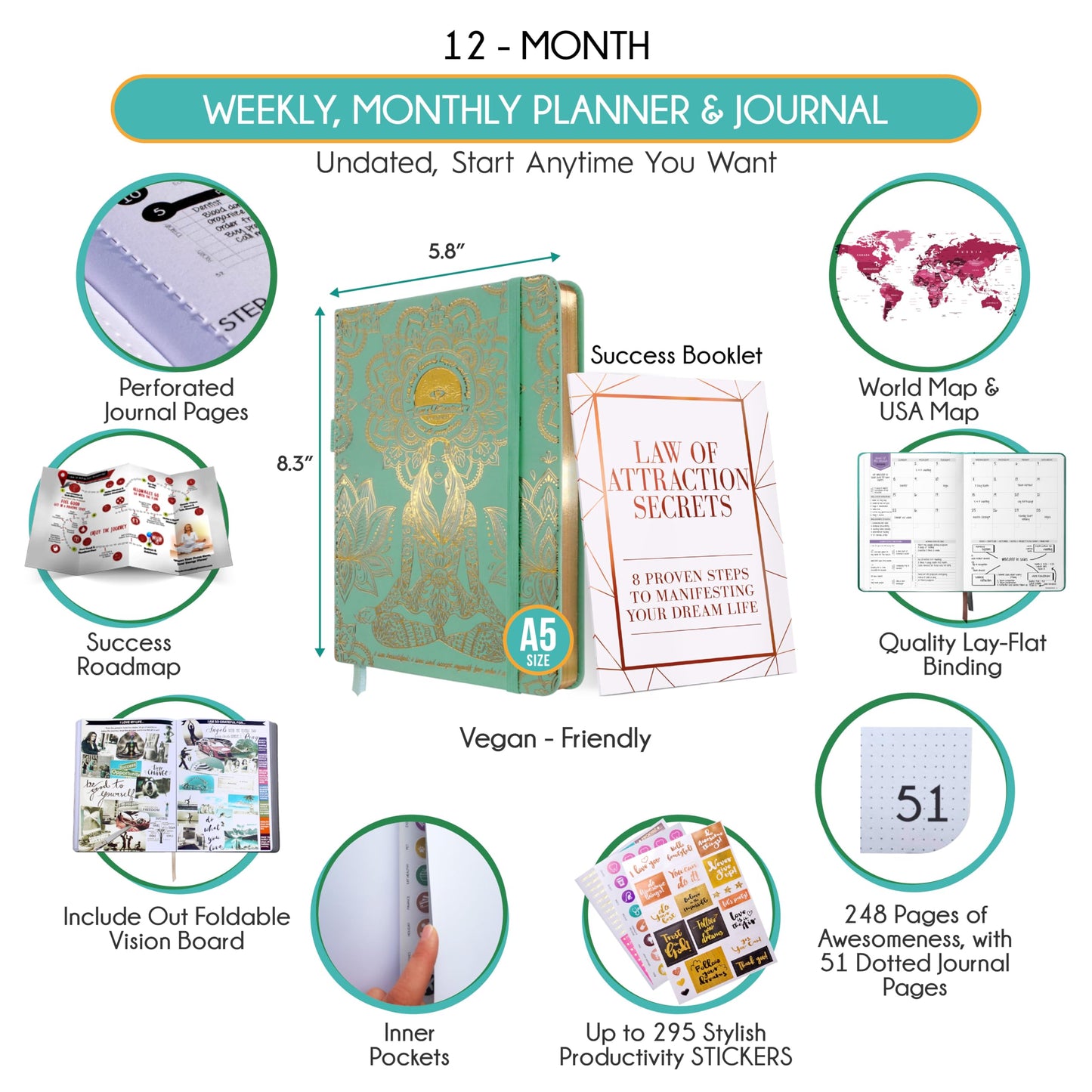 Life Planner - Undated Weekly & Monthly Planner, 12-Month Journey to Increase Productivity | Gratitude Journal, Life Organizer & Goal Journal | Include Foldable Vision Board, Habit Tracker & Stickers