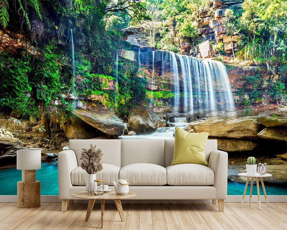 -Green Lake Waterfall Scenery Fabric Wallpaper Living Room Woodland Forest Mountain Bedroom Bathroom Wall Mural- 91"x65"（ not Peel and Stick）