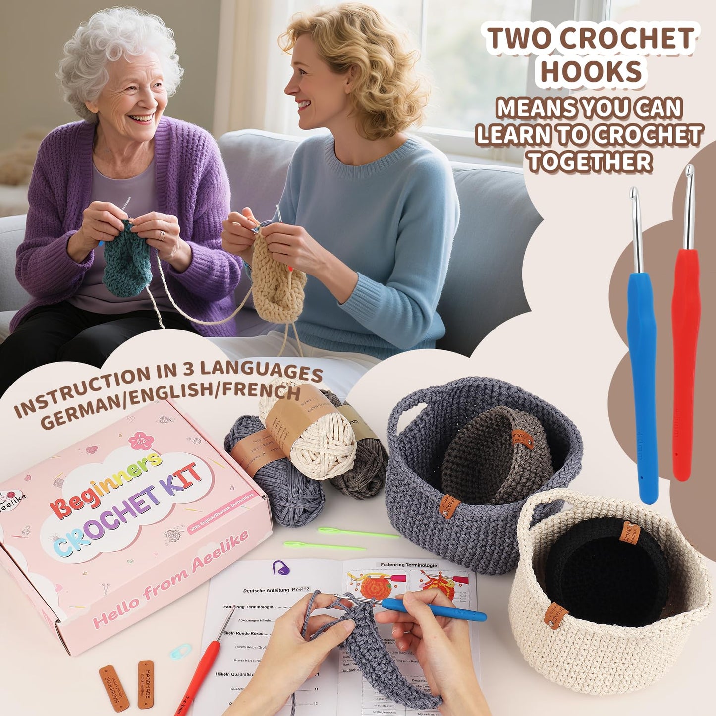 27PCS Crochet Basket Kit for Beginners (L&S), Complete Crocheting Basket for Storage, Knitting Starter Set with Instruction , Beginner Crochet Kit for Adults, Crocheting Gift for Home Decor Family