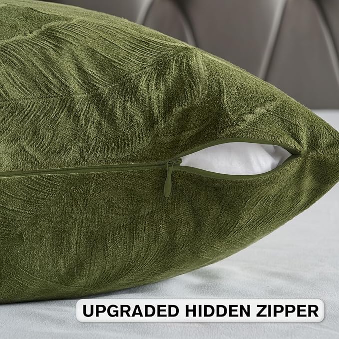 FUTEI Moss Green Velvet Throw Pillow Covers 20x20 Inch Set of 2,Soft Embossed Leaf-Relief Textured Cushion Cases,Natural Home Decor for Couch Living Room