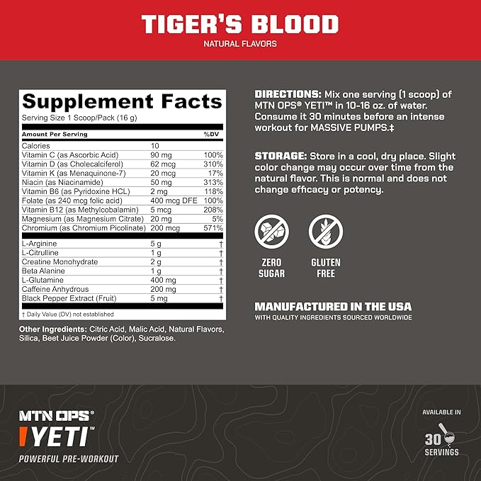 MTN OPS Yeti Pre-Workout Powder Energy Drink with Creatine, 200mg Caffeine & BCAAs with Beta Alanine, 30-Serving Tub, Tiger's Blood