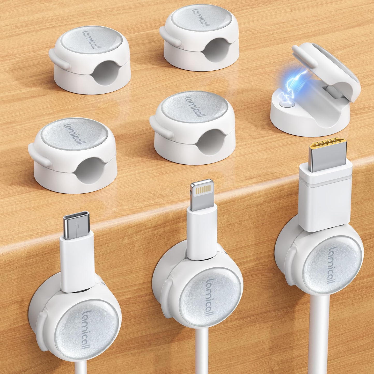 Lamicall 8 Pack Magnetic Cable Clips Cord Organizer - [Crystal-Clear & Silver Shine] Aesthetic Strong Adhesive Phone Charger Cable Management Clips for Nightstand, Home Office Desk Desktop Accessories
