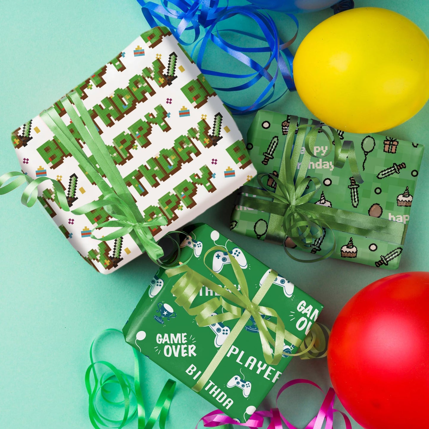 WRAPLULU Pixel Style Birthday Wrapping Paper Roll - 17.5" × 26 Ft - Retro Video Gaming Gift Wrap with HAPPY BIRTHDY, Perfect for Birthday Christmas