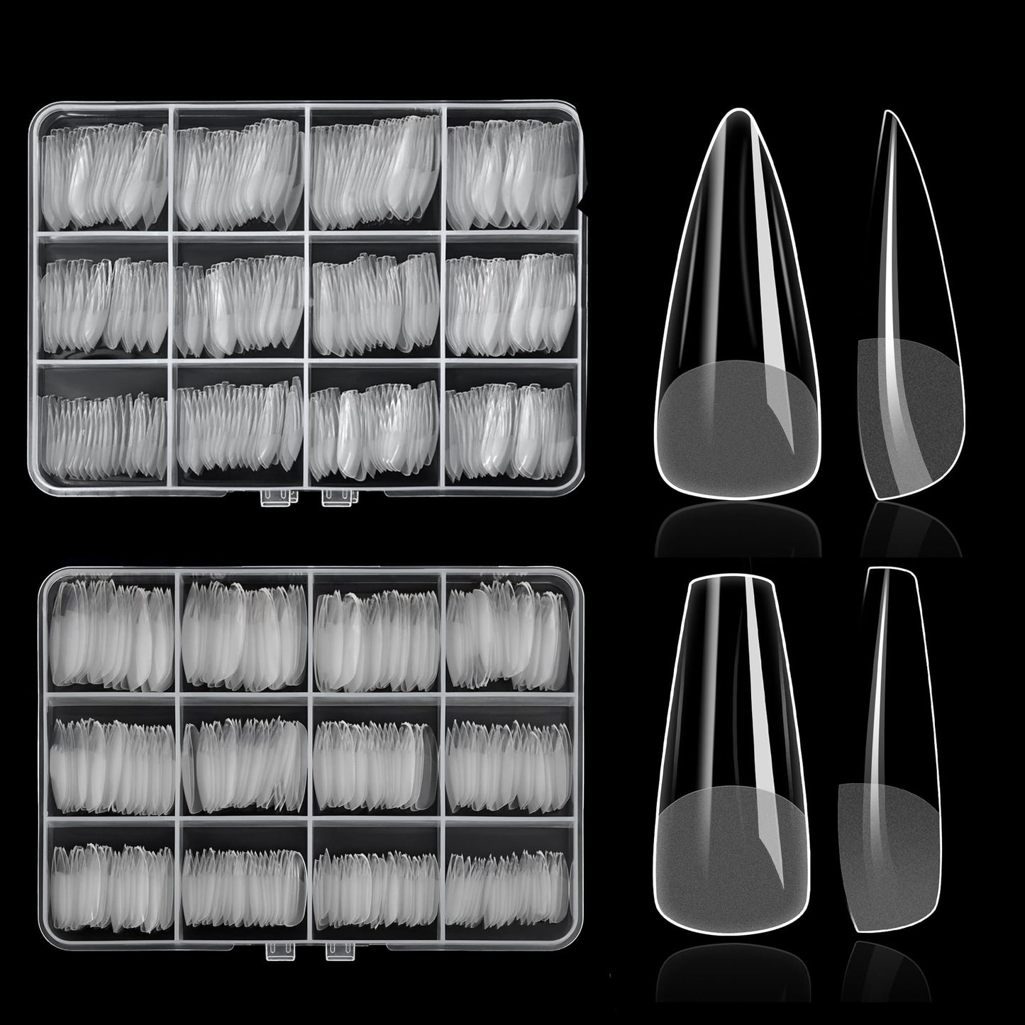 480PCS Nail Tips Clear False Nails Full Cover for Acrylic Fake Nails Kit 12 Sizes 2 Shapes Medium Coffin Medium Stiletto Pre-Shape for Salon Home DIY Gifts