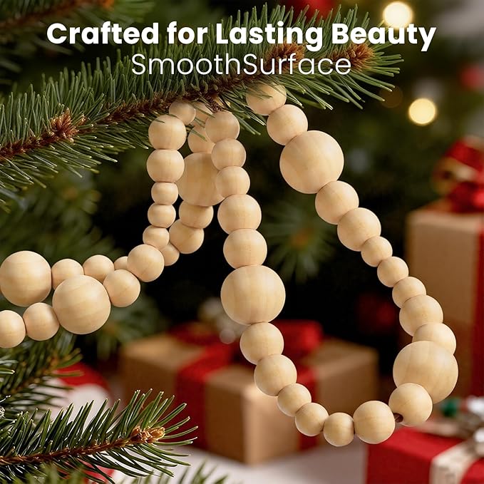 2PCS Christmas Wood Beads Garland 24 Feet Wooden Bead Garland Boho Ornaments for Christmas Tree, Xmas Vintage Rustic Farmhouse Round Craft Bead Hanging Holiday Decorations(12 Feet/1Pcs)