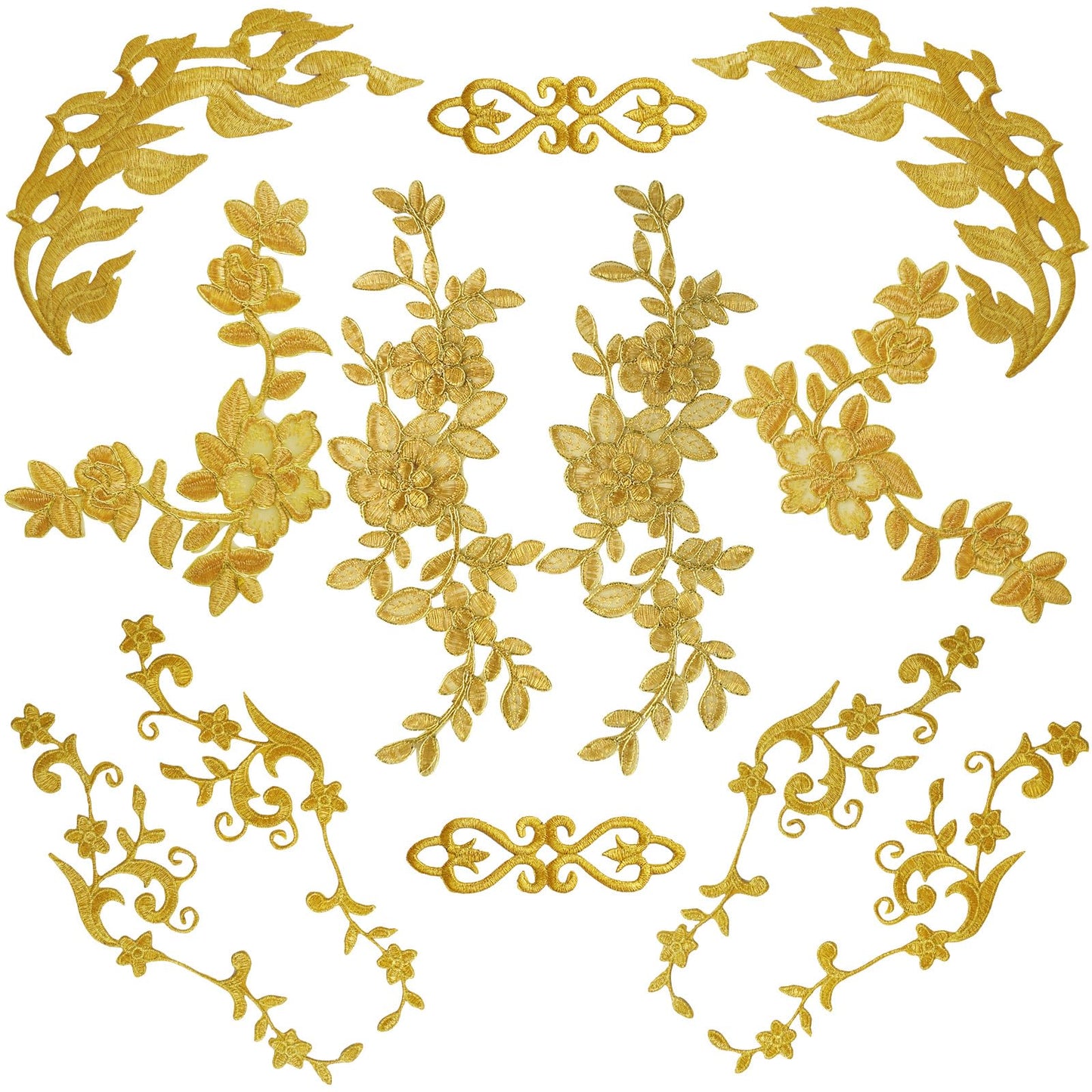 Gnognauq 12Pcs Gold Flower Iron on Patches Embroidery Applique Sewing Fabric Gold Lace Sew on Patch for Dress Jeans Clothes