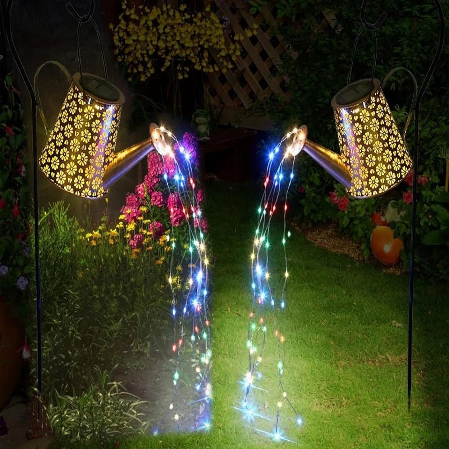 WDLFCGC 2 Pack Solar Watering Can Lights with Shepherd Hook, 8 Multi-Color Changing Modes, IP65 Waterproof, 60pcs String Lights for Outdoor Garden Pathway Lawn Patio Deck Walkway Courtyard