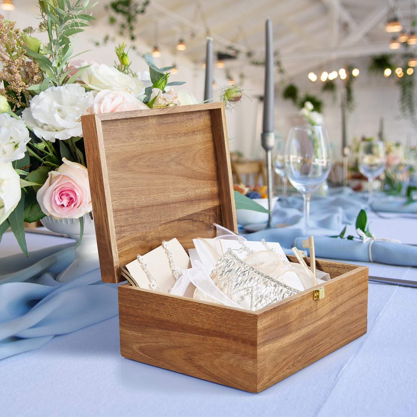 DRASTAR Wooden Keepsake Box, Large Acacia Storage Box with a Hinged Lid, Memory treasure box for Crafts and Photo Storage
