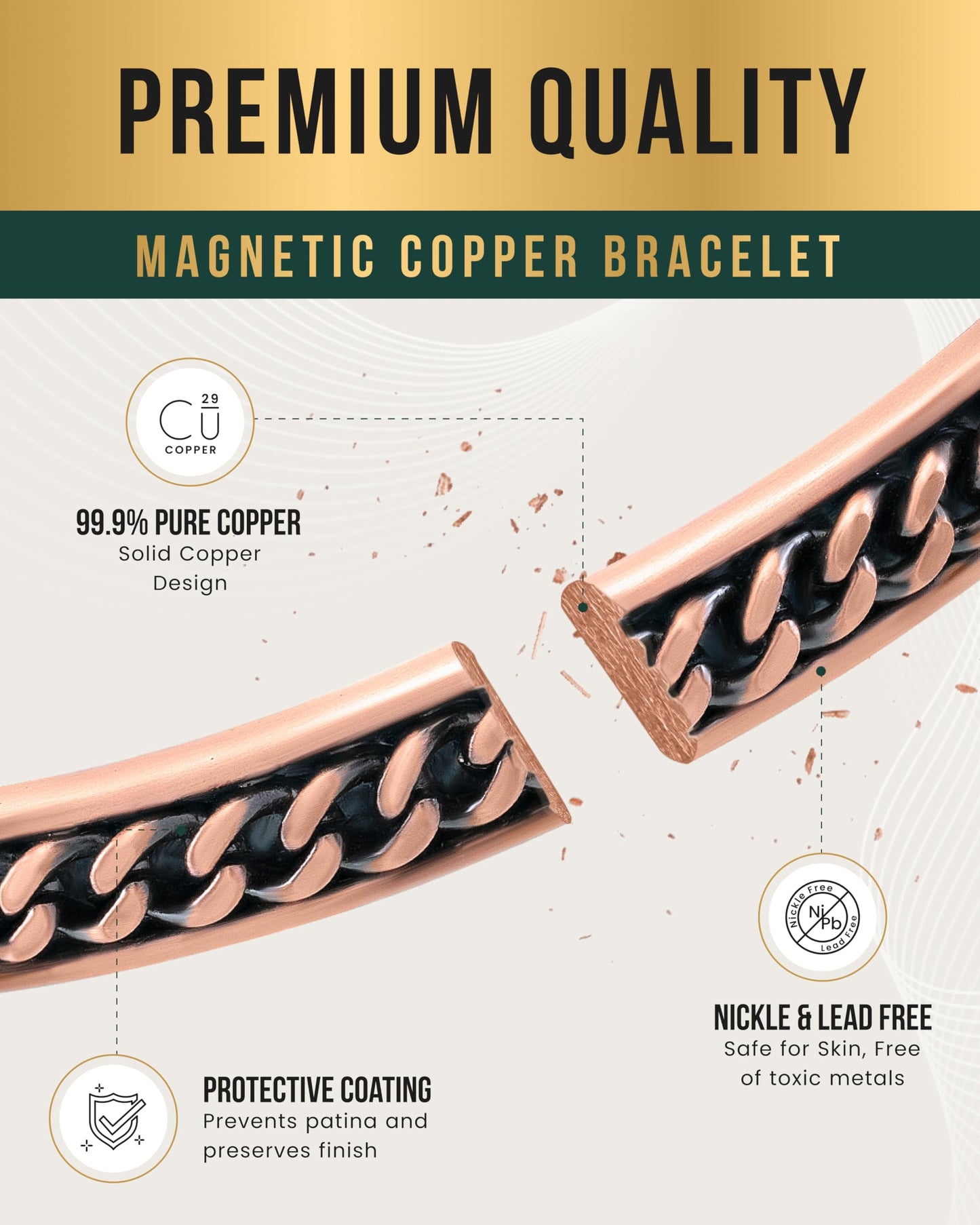 MagnetRX® Copper Magnetic Bracelets – Effective Pure Copper Bracelet for Men and Women – Copper Cuff Adjustable Magnetic Bracelet Bangles (Curb Chain Inlay)