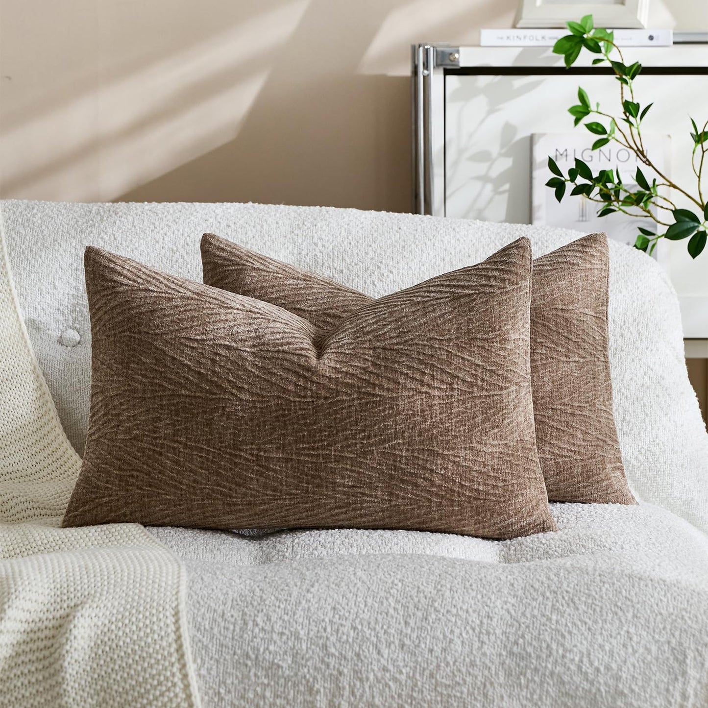 HALANS Spring Pillow Covers 12x20 Inch Set of 2, Soft Decorative Throw Pillow Covers with Leaves Texture, Hidden Zipper for Home Sofa Bed Couch (Tan, 12" x 20" (Pack of 2))