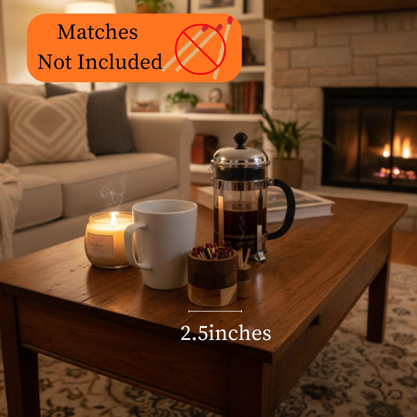 The Easy Strike Acacia Wood Match Holder with Striker & Extra Striker Pad - 3.25" x 2" Decorative Matchstick Organizer for Fireplace, Candles, Home Decor Gift, Matches Not Included (1 Pcs)