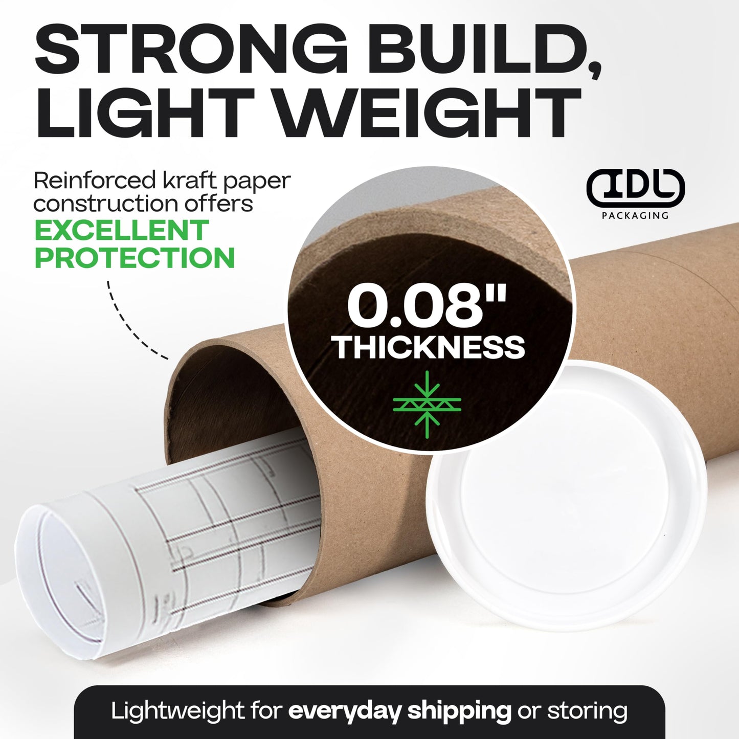 IDL Packaging Cardboard Mailing Tube, 4" x 48" with Plastic Caps - USA-Made USPS Approved Poster Tube for Documents & Blueprints - Reinforced Mailing Cylinders for Shipping & Storage