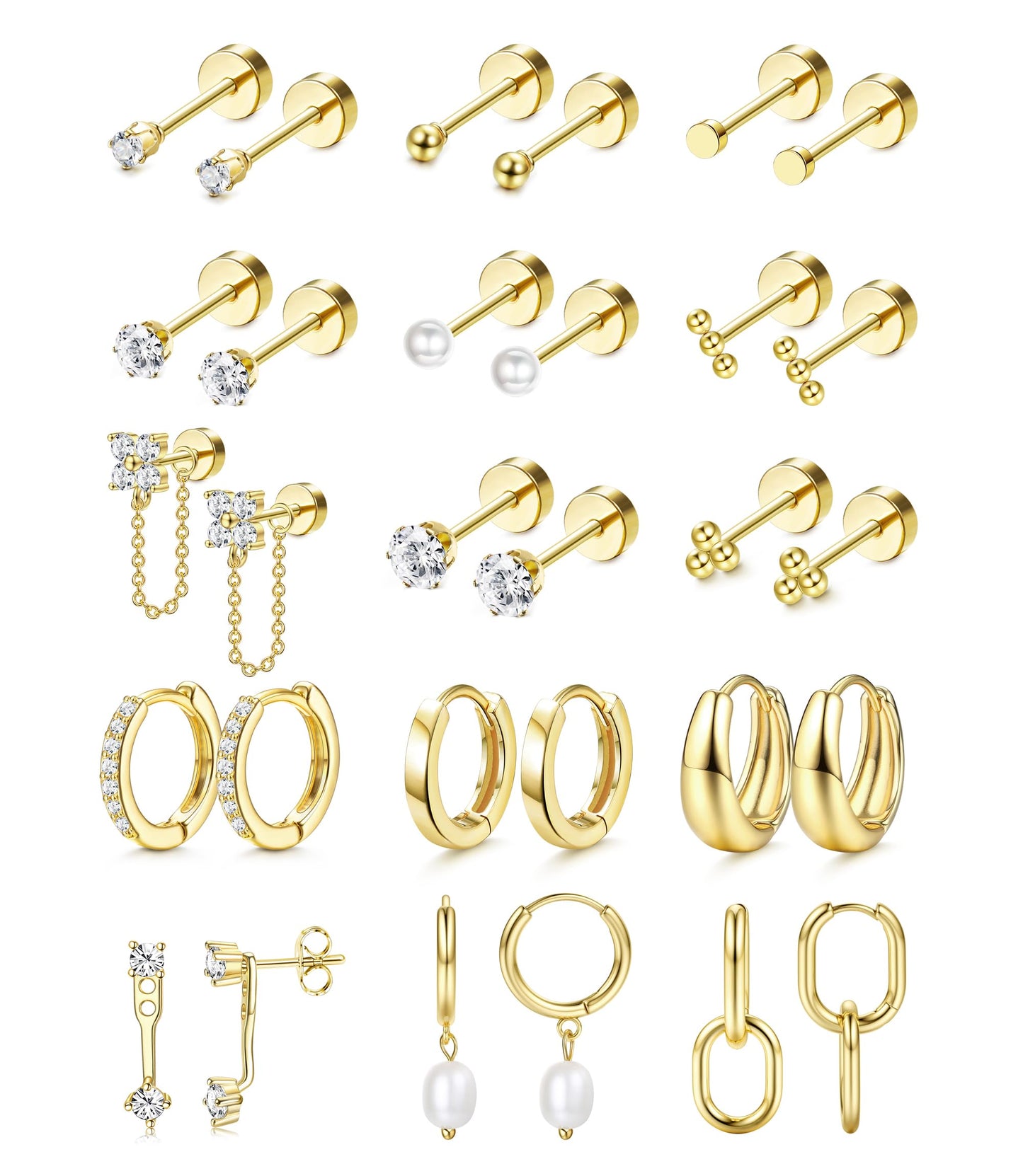 LOLIAS Flat Back Earrings for Women Hypoallergenic Surgical Steel Earrings for Sensitive Ears-20G Cartilage Earring Stacks 14K Gold Plated Hoops Flatback Stud Earring Sets for Multiple Piercing