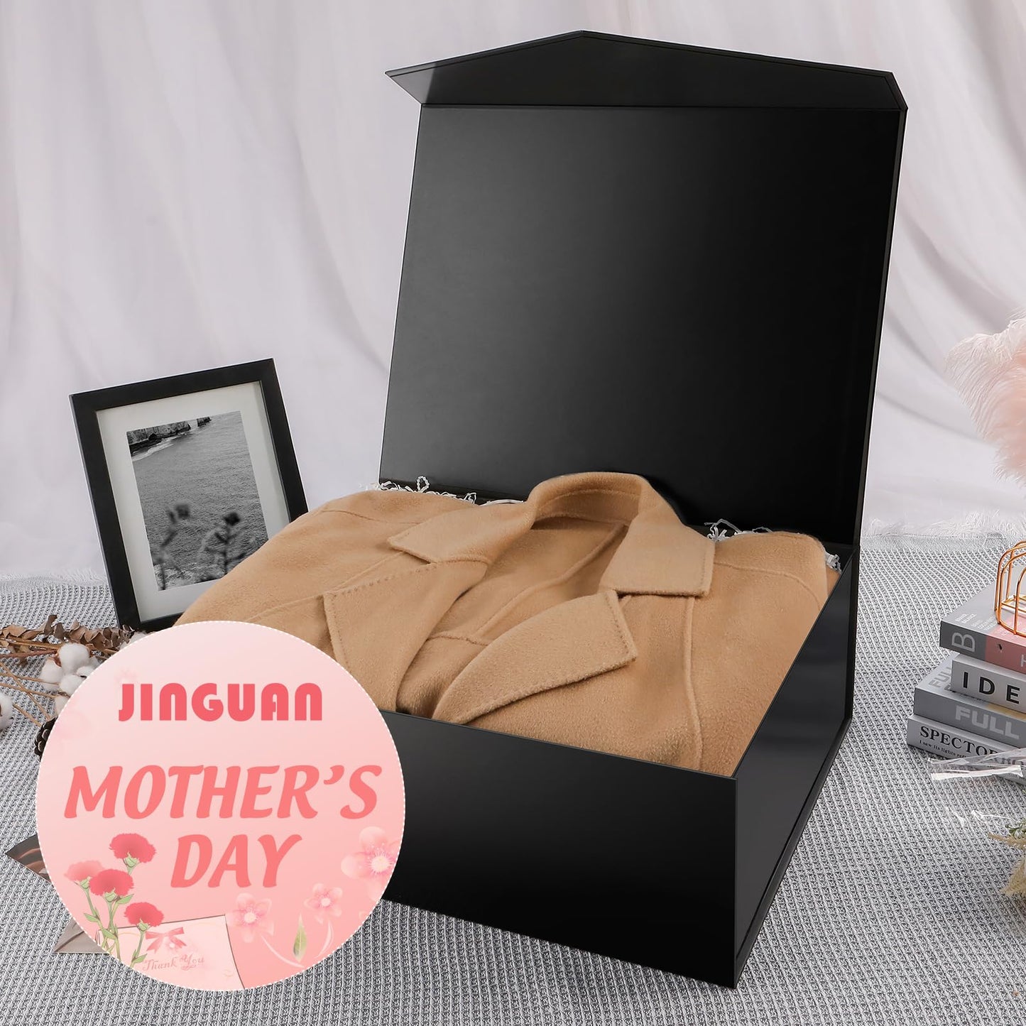 JINGUAN 19.2x15.8x7 Inches, Extra Large Gift Box with Lid, Groomsman Proposal Box with Magnetic Closure, Giant Gift Box for Clothes and Large Gifts (Glossy Black)