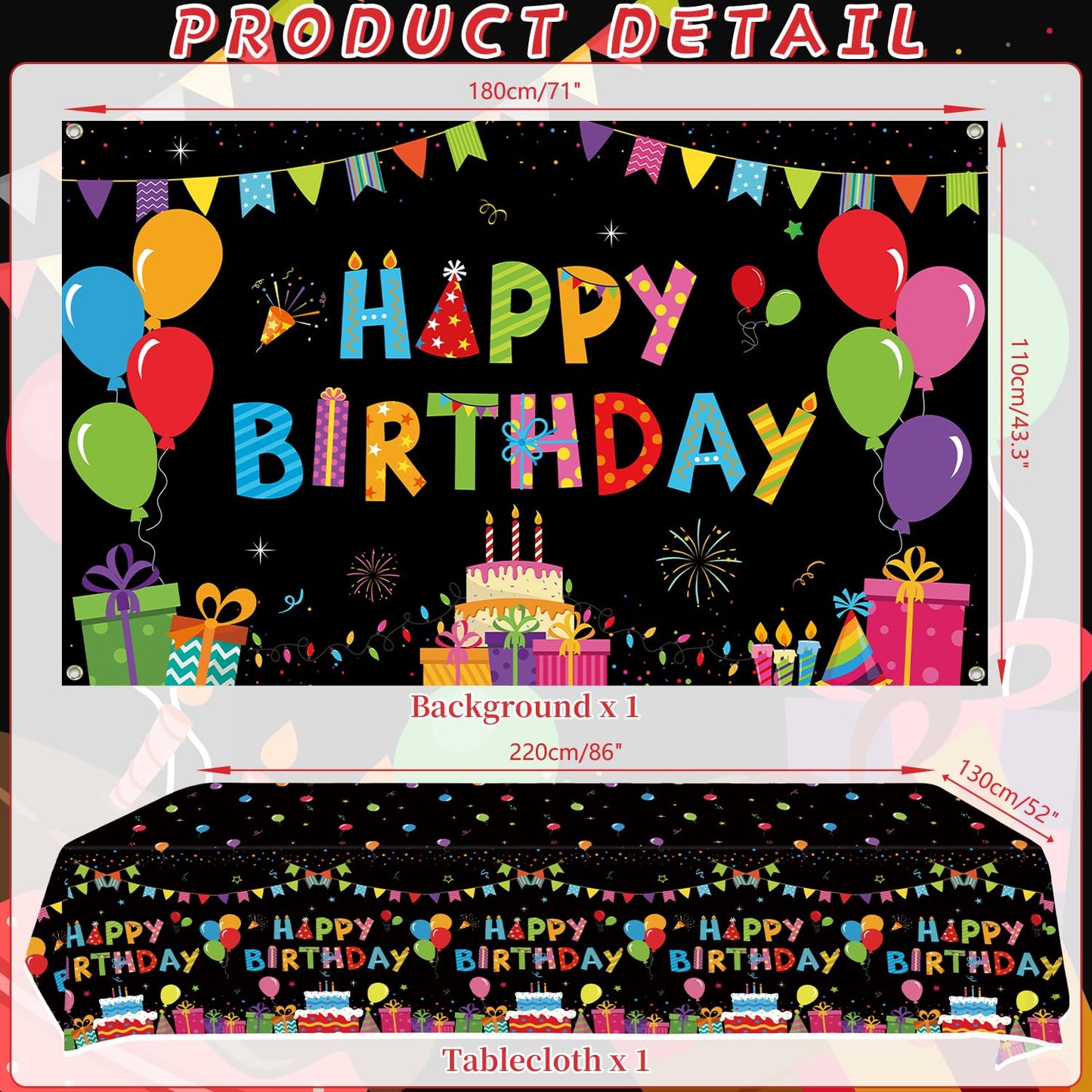 Obussgar Colorful Black Party Decorations - Black and Colourful Party Supplies including Backdrop, Plate, Cake Topper, Cup, Napkin, Balloon, Tablecloth - Serves 20