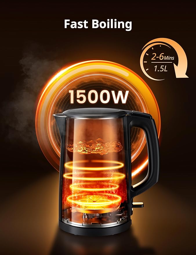 COMFEE' Electric Kettle and Tea Kettle, 1.5L Double Wall, Stainless Steel Interior, Lid & Spout, Fast Boil, Auto-Off, and Boil-Dry Protection, 1500W