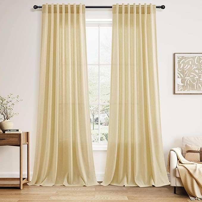 Nanspring Cream Yellow Linen Curtains 102 Inches Long for Living Room Light Filtering Modern Farmhouse Sheer Curtains Back Tab and Rod Pocket Curtain for Bedroom Office 52x102, 2 Panels
