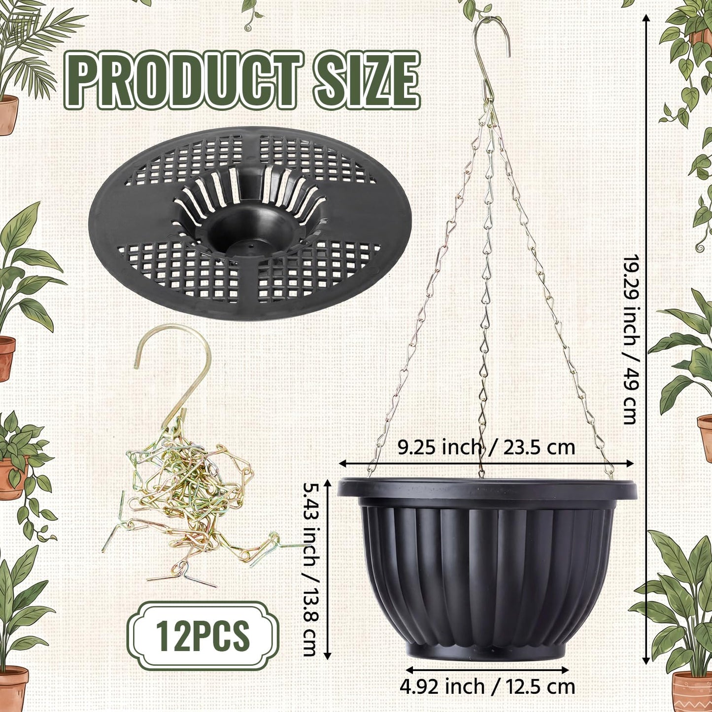 Ferrochef 12 Sets Hanging Planters for Indoor and Outdoor Plants Self Watering Hanging Basket Flower Pots Plastic Plant Pots with Drainage Hole and Absorbing Tray(Black,10 Inch)