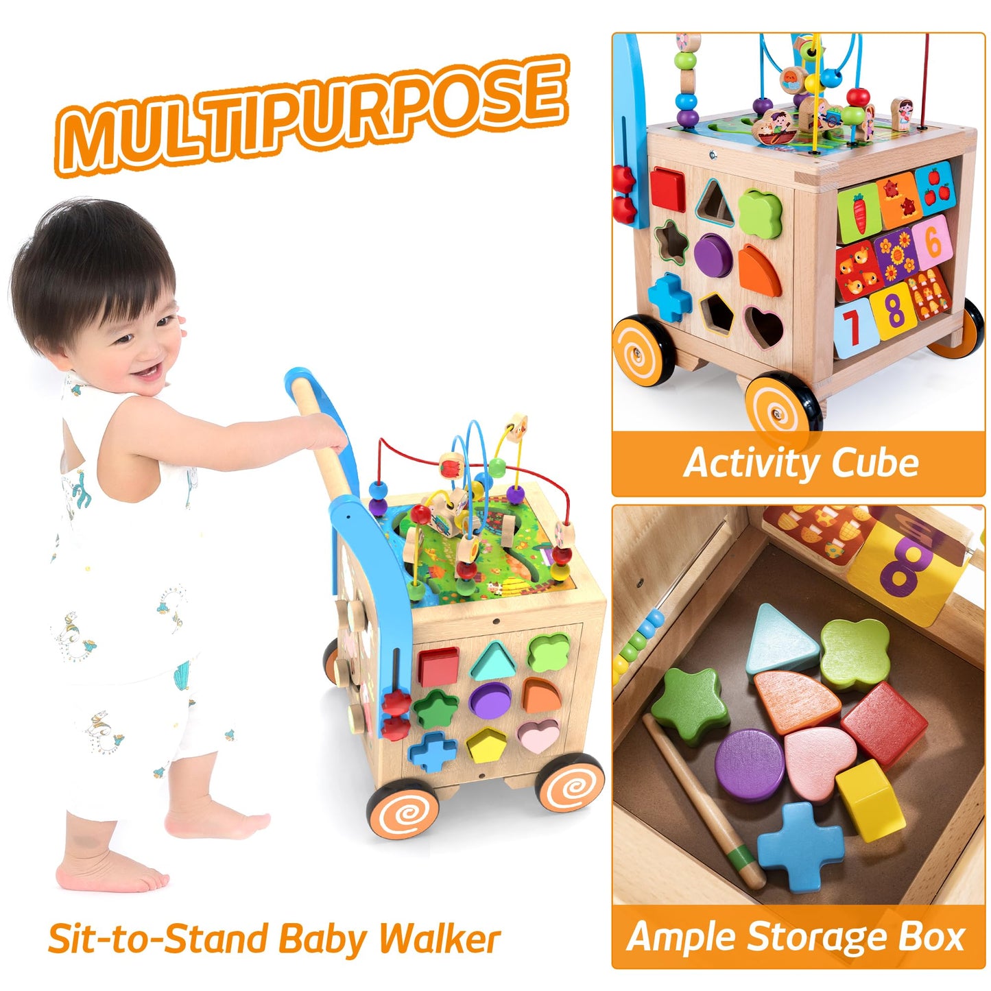 9-in-1 Wooden Activity Cube | Wooden Baby Walker, Sit-to-Stand Learning Walker Activity Center, Early Educational Push & Pull Toys for Baby Toddler Boys Girls, Height & Brake Adjustable