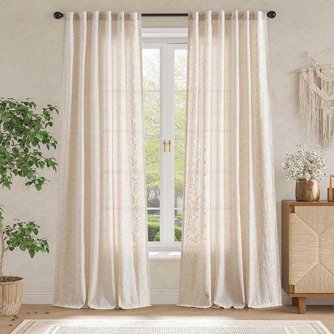 jinchan Winslow Linen Curtains for Living Room Floral Curtains 96 Inch Length Ivory Embroidered Bordered for Sitting Room Farmhouse Decor Light Filtering Window Treatments Set of 4
