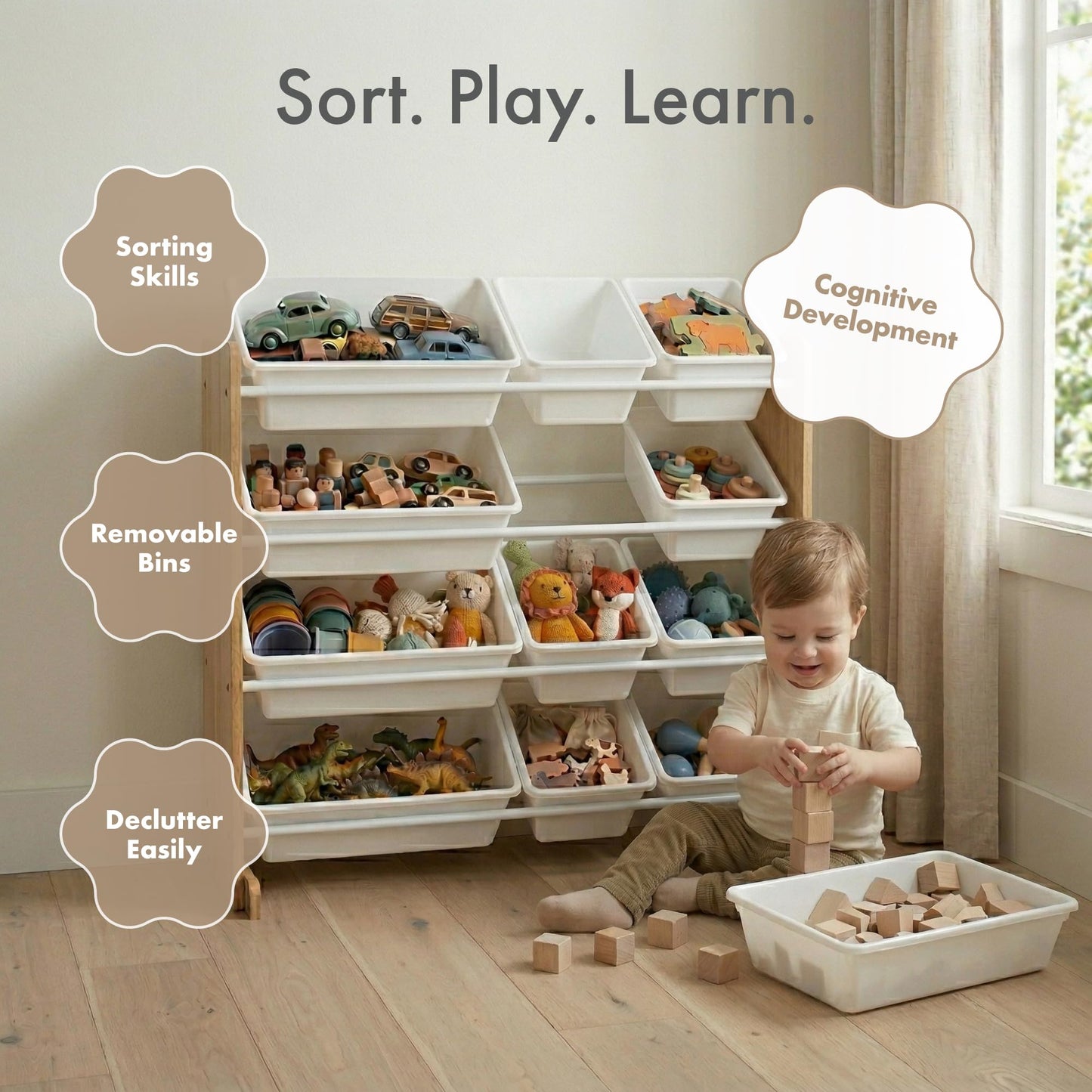 Humble Crew Toy Storage Organizer with 12 Removable Storage Bins for Kids Playroom, 4-Tier Toddler Toy Organization, Natural Wood/White