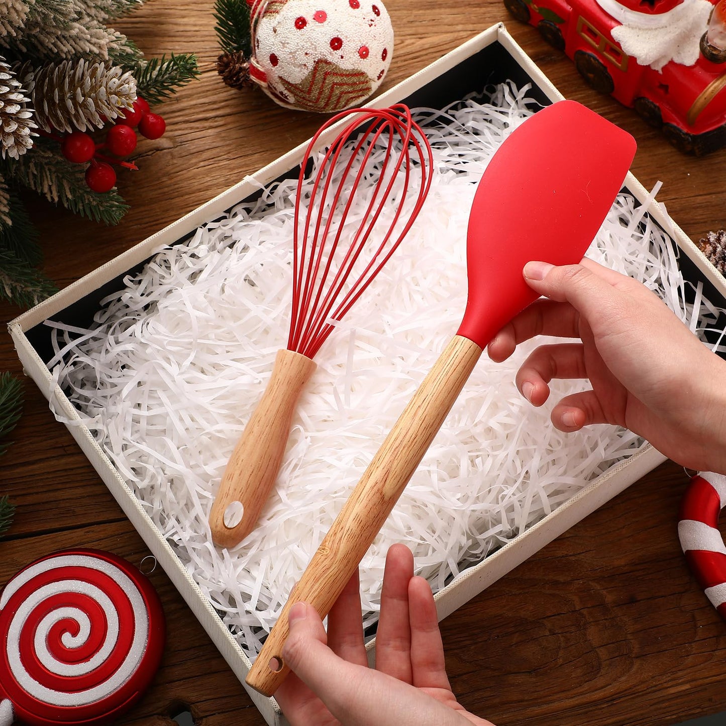 Funnymoom 12 Pcs Small Silicone Whisks and Spatulas with Wooden Handle for Cooking 10 Inch Mini Whisk Spatula Non Stick Kitchen Baking Essentials Cookware for Valentines Day Party Favor Gift Supplies