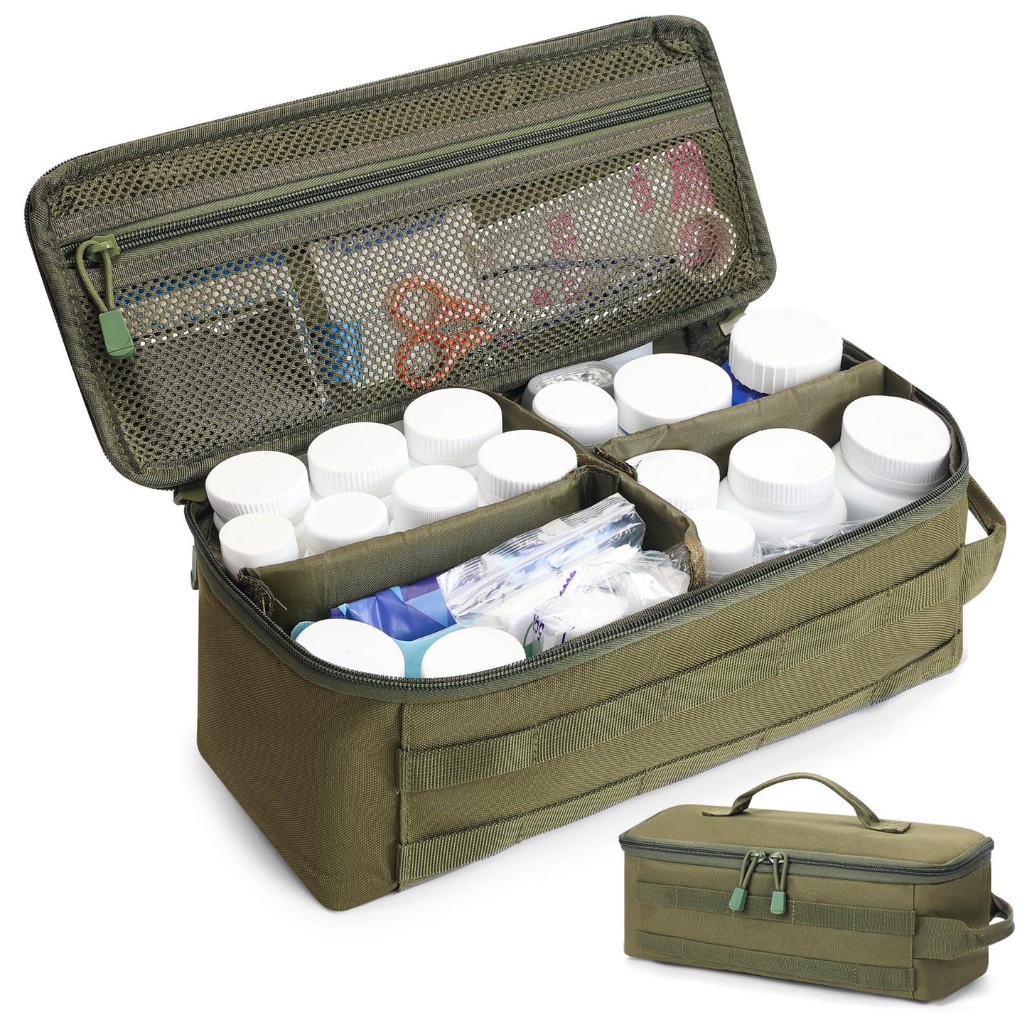 QISVVE First Aid Bag Empty Pill Box Organizer,Tactical Medical Bag Case,Portable EDC Travel Medicine Pill Bottle Organizer (Green)