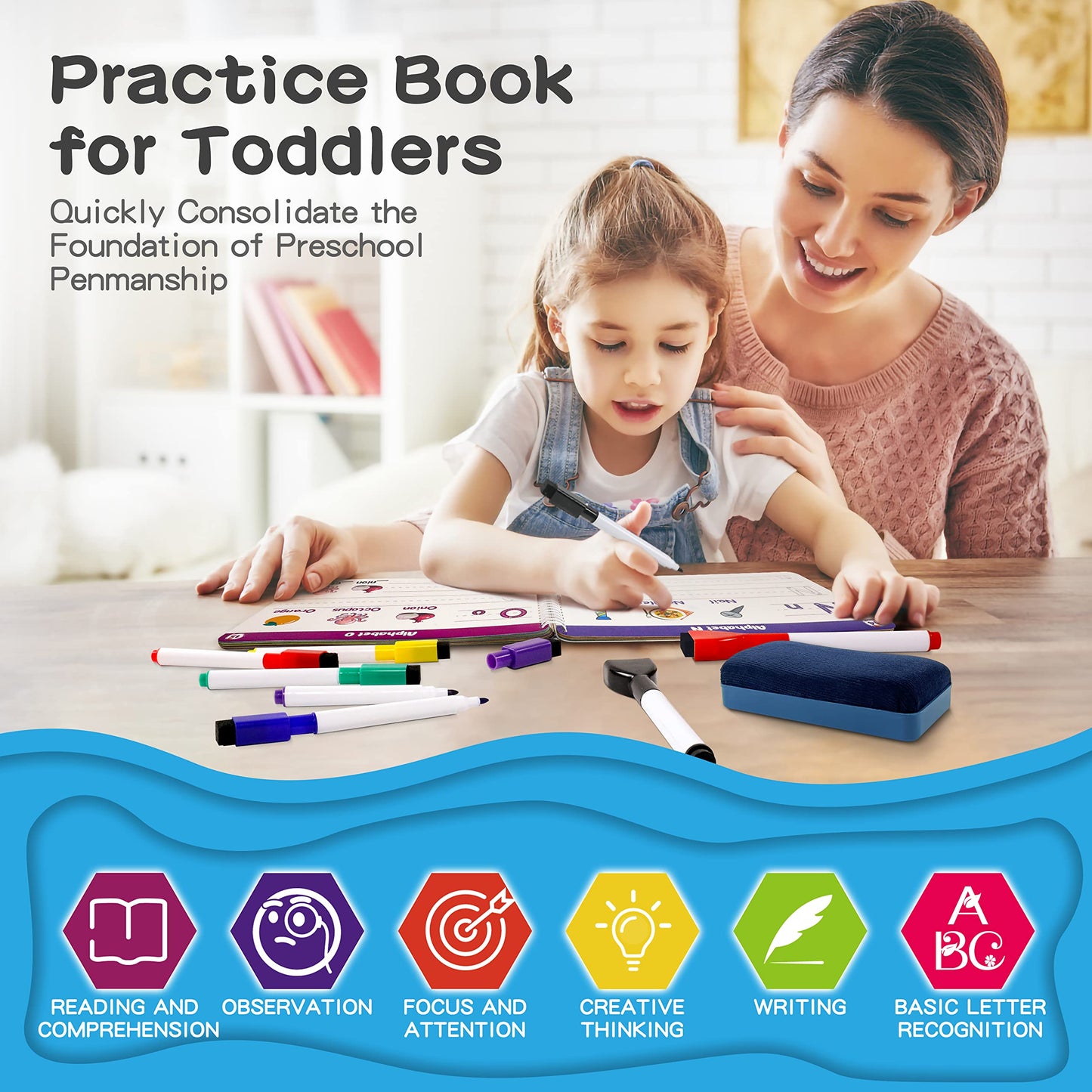 Handwriting Practice Tracing Books for Kids Ages 3-5, Montessori Preschool Learning Activity, Autism Educational Learn Number Letters Shapes Animal & Sight Words Workbook with 8 Dry Erase Markers