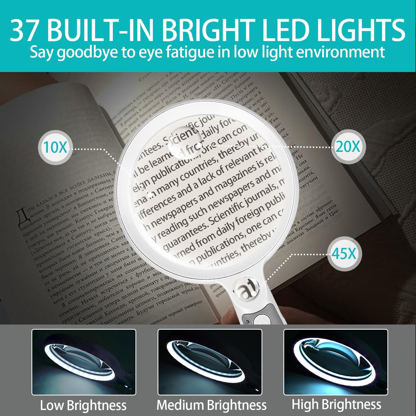Large Magnifying Glass with 37 LED Light and Case, 10X 20X 45X Handheld Illuminated Lighted Magnifier with 3 Light Modes Rechargeable Magnifying Glass for Seniors Reading, Inspection (White & Grey)