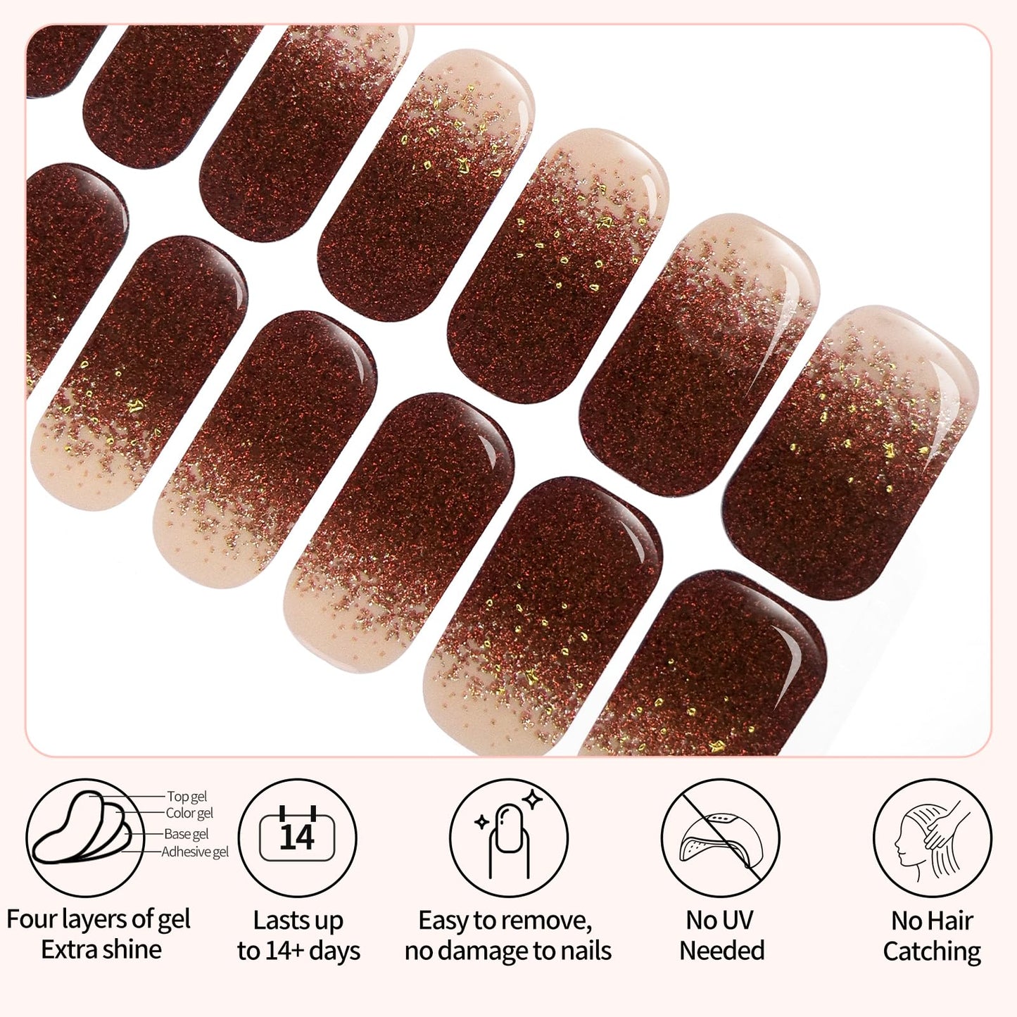 Semi Cured Gel Nail Strips -Burgundy Gold Flake Ombre-Stylish Nail Wraps, No UV Light Needed, Effortless Application & Removal, Salon Quality, Includes 16 Wraps, 1 Prep Pad, Wooden Stick & Nail File