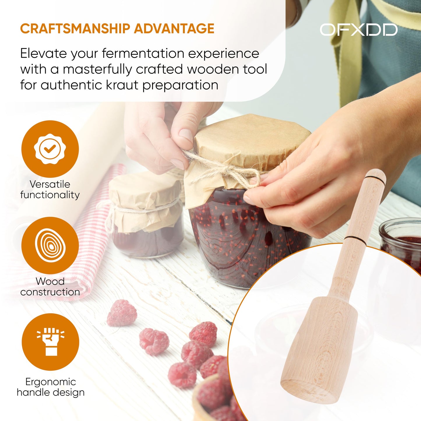 Cabbage Tamper for Saurkraut - Wooden Masher - Kitchen Wood Pounder - Kraut and Vegetable Masher