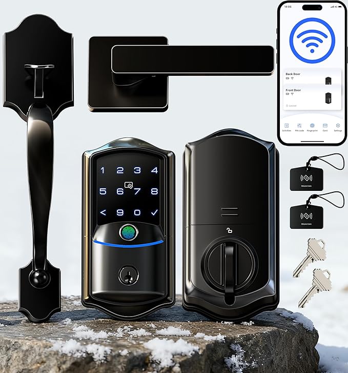 Veise VE027-H Built-in Wi-Fi Fingerprint Smart Deadbolt Lock with Handleset, App Remote & Voice Control, Keyless Entry Front Door Lock Set, Touchscreen Keypad, Auto-Lock, Easy Setup, Matte Black