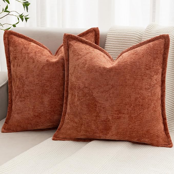 Burnt Orange Fall Decorative Throw Pillow Covers 20x20 Inch Set of 2 Cozy Soild Chenille Cushion Cases Soft Textured Square Couch Pillows Cover Boho Accent Farmhouse Pillowcases for Bed