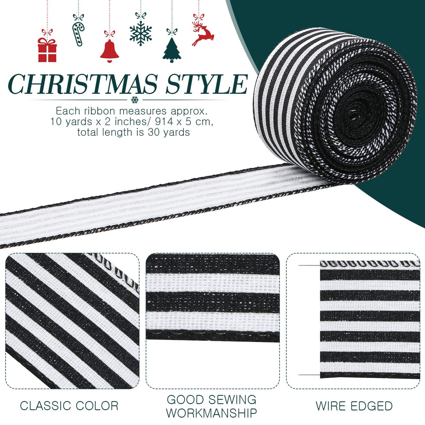 3 Rolls 30 Yard x 2 Inch Striped Ribbon Fabric Grosgrain Ribbon Craft Wrapping Striped Ribbons Christmas Wired Edge Ribbons for Christmas Wrapping Embellishments(Black and White Stripe)