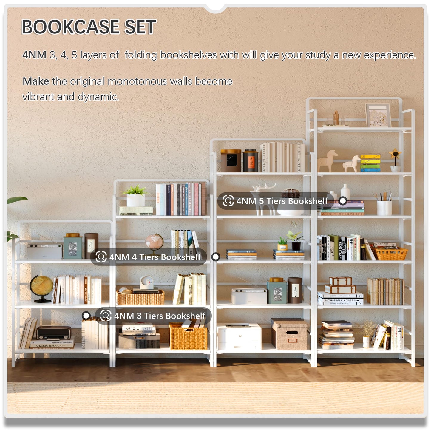 4NM No Assembly 6 Tiers Folding Bookshelf Storage Shelves Vintage Bookcase Standing Racks Study Organizer Home Office (All White)