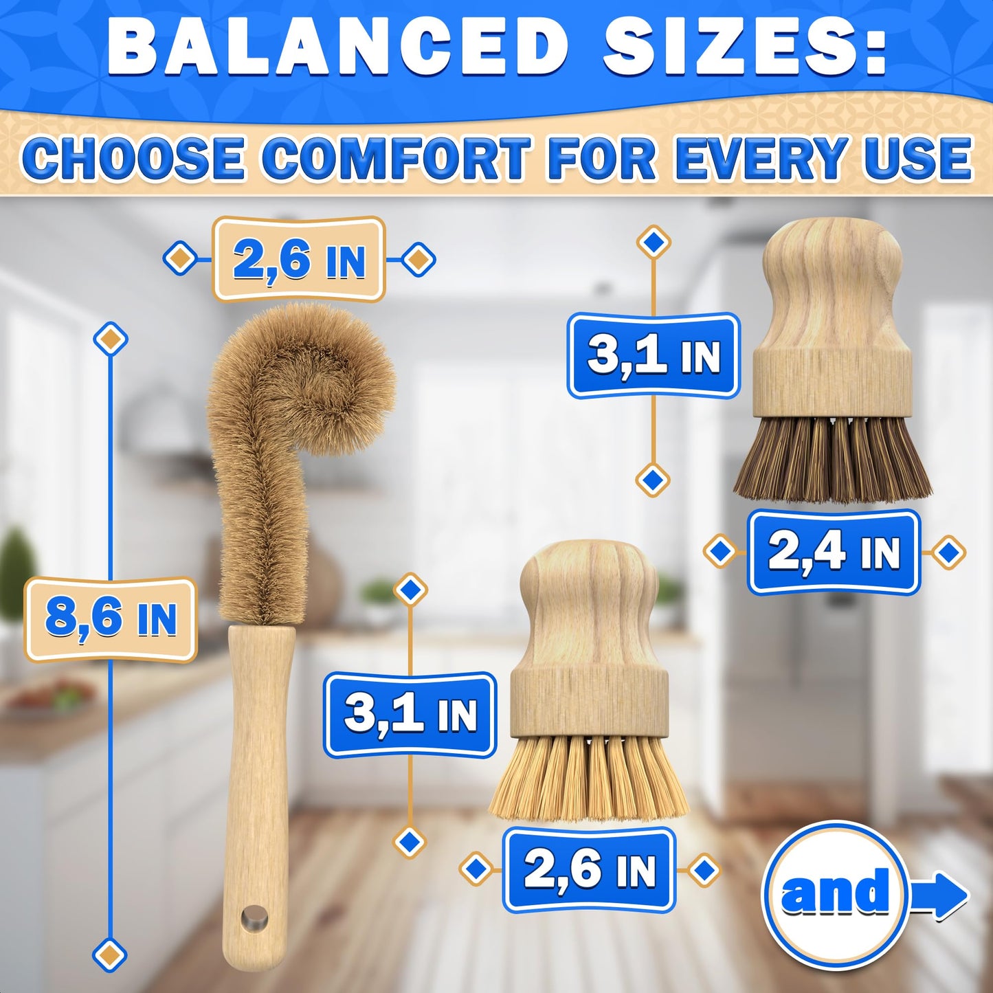 5 Pcs Bamboo Dish Brush Set – Bamboo Dish Scrubber with Soft & Stiff Non-Scratch Bristles, Ergonomic Handle, Replacement Head Included – Lightweight Kitchen Scrubber for Pots, Bottles & Vegetables