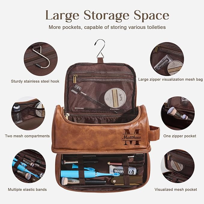 Personalized Toiletry Bag For Men, Husband, Boyfriend, Dad Large Capacity PU Leather Travel Dopp Kit Handcrafted Custom Name Unique Gift For Birthday| Fathers Day| Anniversary| Wedding Groomsmen Gifts