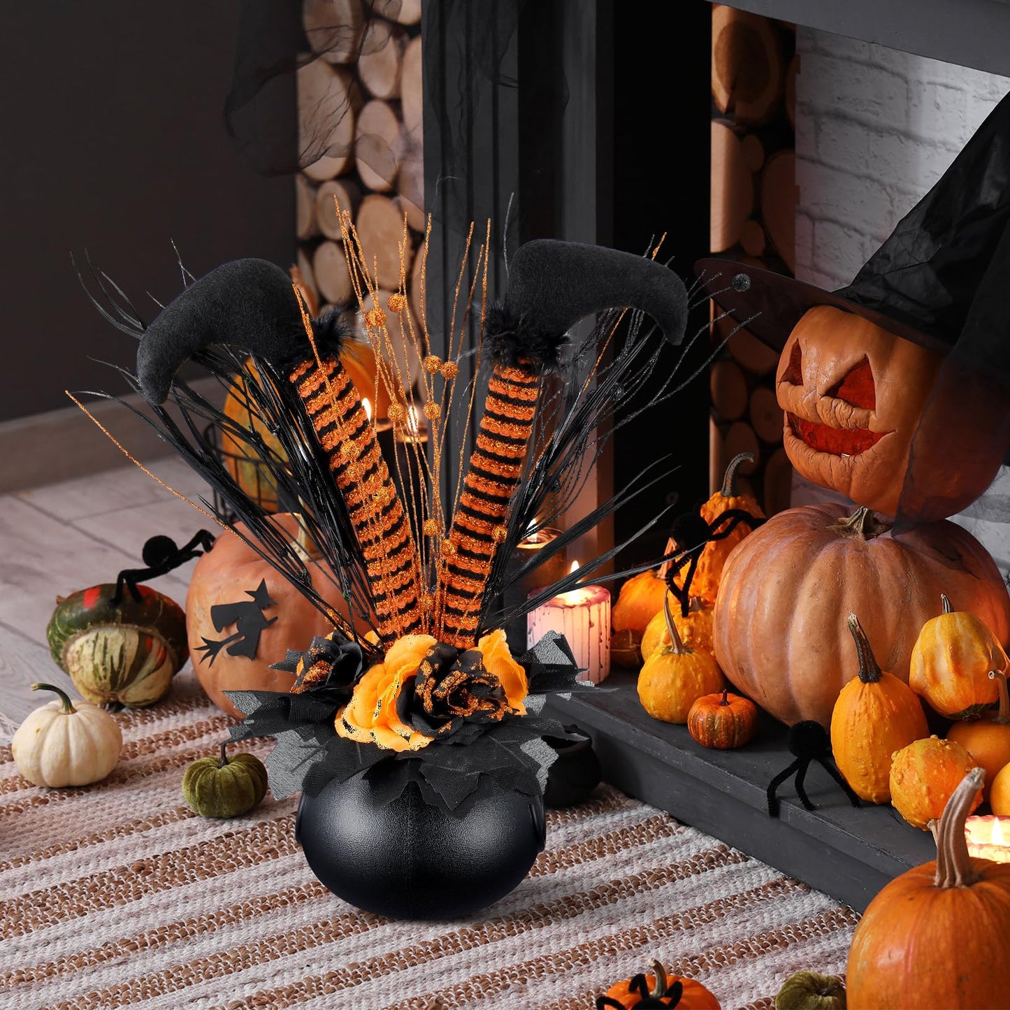 Amyhill Halloween Decoration Table Artificial Flower Glitter Halloween Witch Boot Tabletop Decor Centerpieces Cauldrons Fake Flowers Halloween House Haunted Decor for Home Party Decor 13 x15.7 Inches