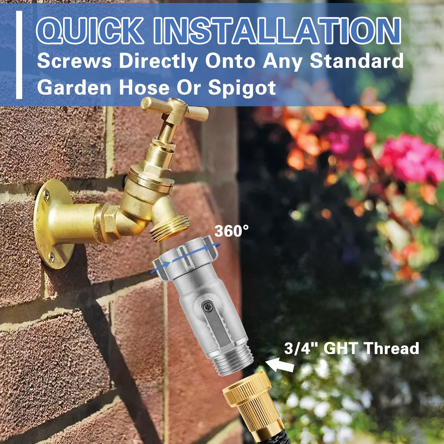 Garden Hose Shut Off Valve, 3/4” GHT Heavy Duty Water Flow Control Valve, Easy Turn Large Knob Hose Connector, Leak-Proof Outdoor Hose Shutoff for Garden Watering & Hose Nozzle