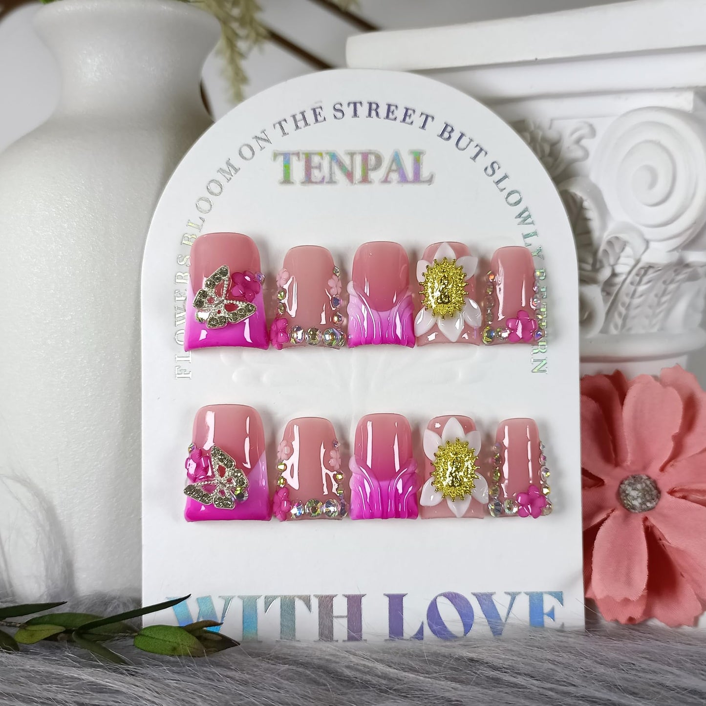 TENPAL Duckbill Press on Nails,Glossy Pink French Tip Fake Nails with 3D Butterfly & Rhinestone Design,10PCS Glitter False Nails for Everyday Wear Party Vacation Work,Duck Shape Glue on Nails(L)