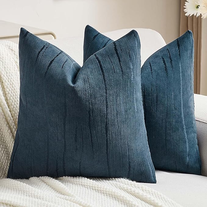 FUTEI Navy Blue Chenille Decorative Throw Pillow Covers 20x20 Inch Set of 2,Soft Embossed Striped Textured Cushion Case,Modern Home Decor for Couch Bed Living Room