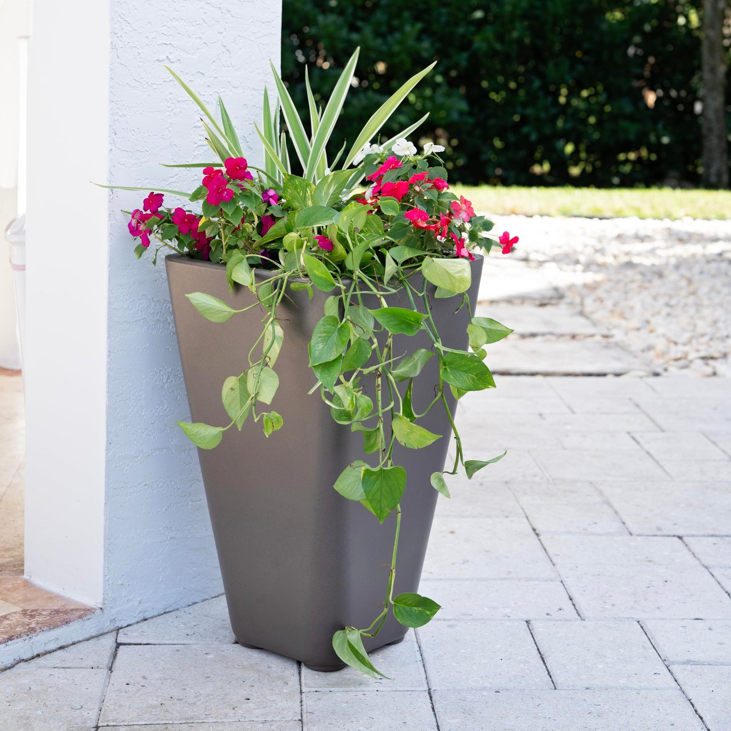 Step2 Bridgeview Tall Square Planter, Large Planters for Outdoor Plants, Gardening and Flower Pot for Patio or Porch, Efficient Drainage, Durable Plastic, Dark Cedar, 2-Pack