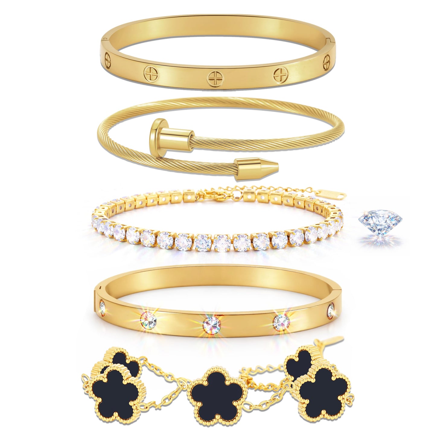 RIVOWMKI 18K Gold Plated Bracelet Set for Women, Sparkling CZ Bangle Adjustable Tennis Bracelet, Stackable Clover Jewelry, Non Tarnish Non Fade Long Lasting Shine for Client Meeting Afternoon Tea