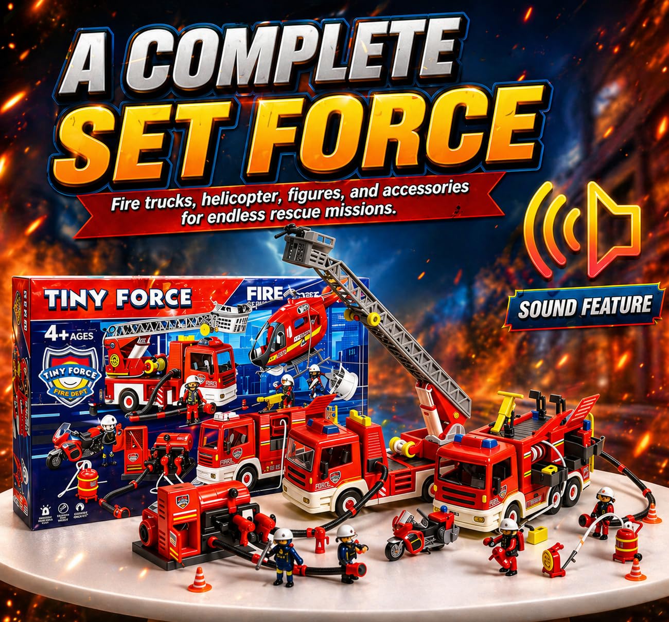 Tiny Force Fire Rescue Set – Fire Truck with Ladder, Toy Helicopter, Motorcycle & Fire Water Pump, Emergency Pretend Play Toys for Kids & Toddlers