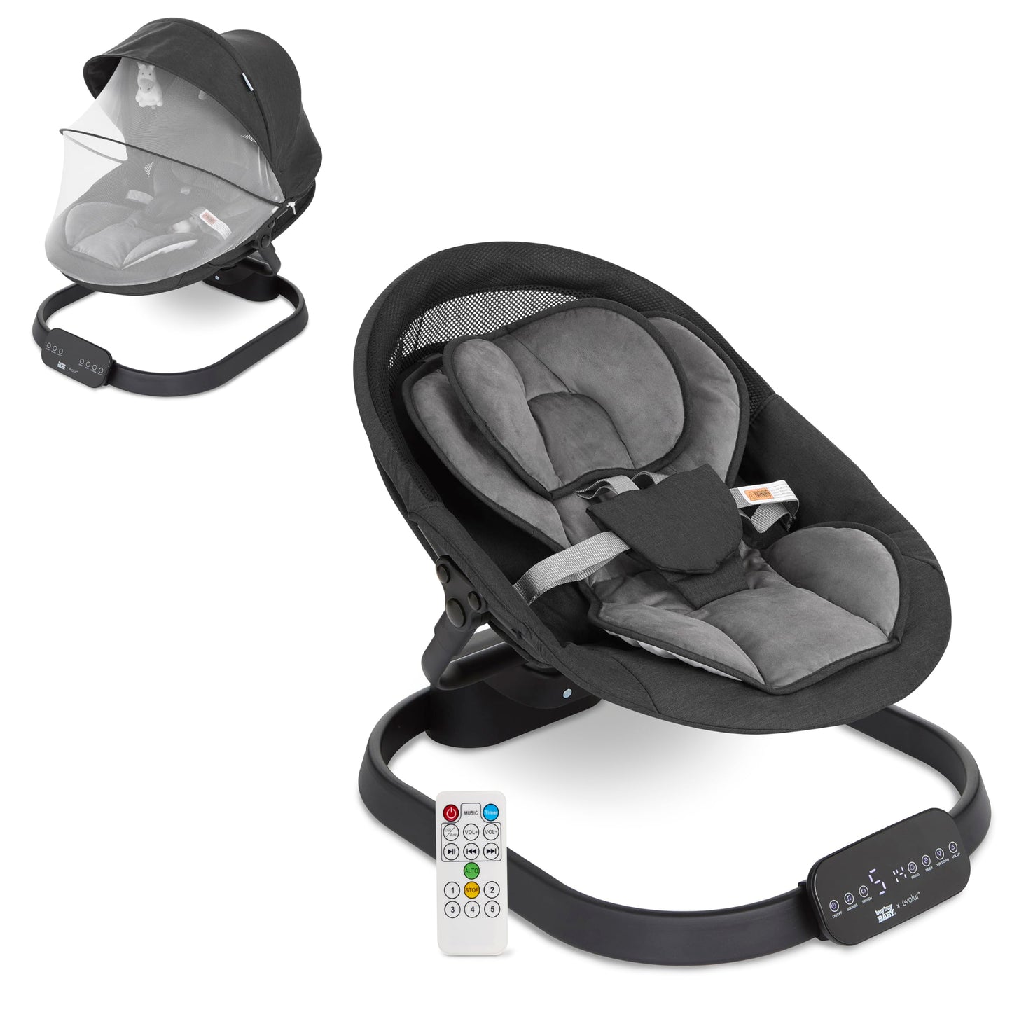 Evolur Comfort Cocoon Baby Swing with TUYA Voice Control, 5-Speed Sway with Remote, Touchscreen Motion & Music, Removable Canopy & Toys, 5-Point Safety Harness – Black