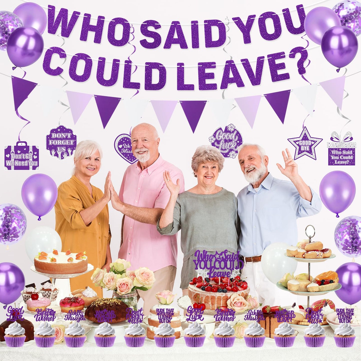 Roetyce Farewell Party Decorations, Purple Silver Who Said You Could Leave Banner Cake Toppers Balloons Hanging Swirls, Going Away Retirement Leaving Party Decorations, Coworker Goodbye Party Supplies
