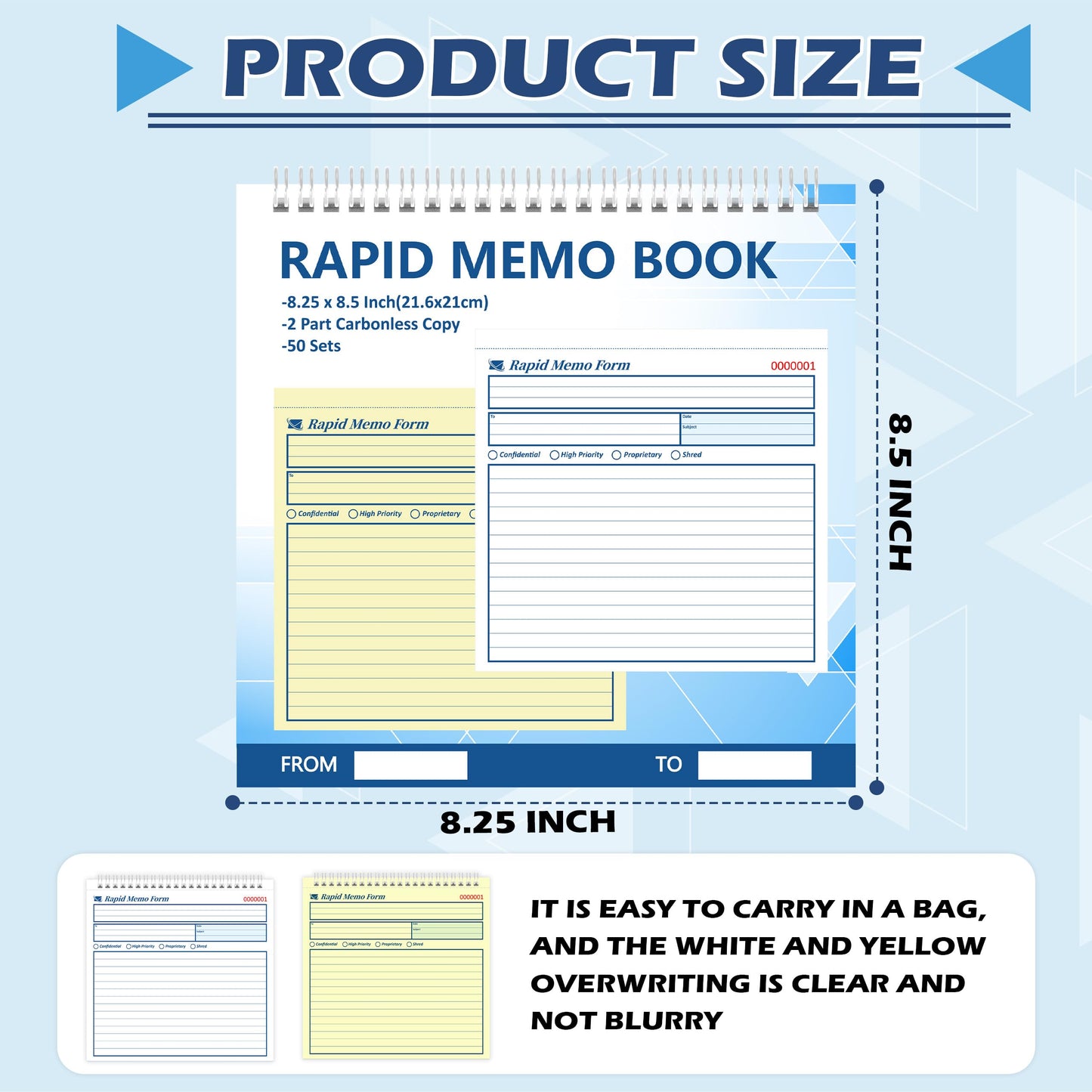 50 Sets Rapid Memo Book 8.5 x 8.25 Inch Memo Pad Memorandum Book 2 Part Carbonless Duplicate for Office Communication Business Message Recording (1)
