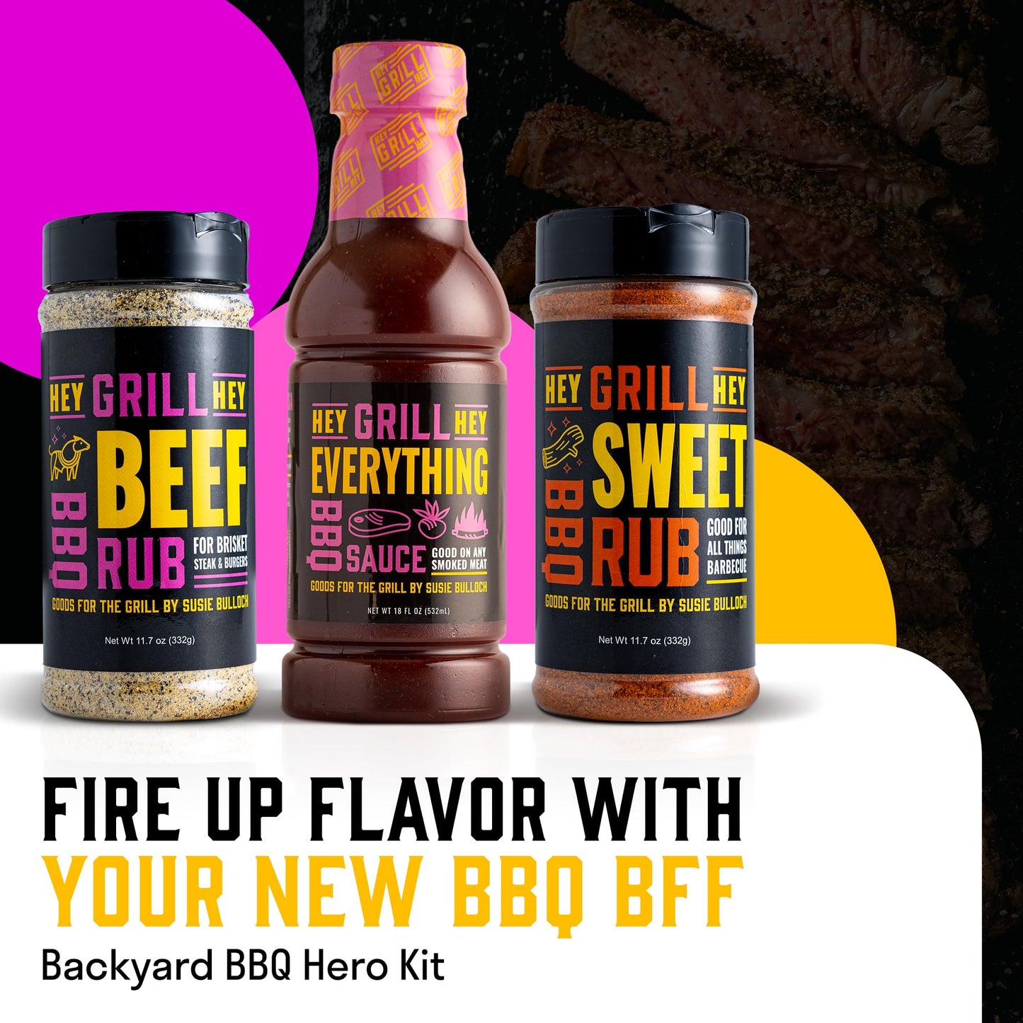 Hey Grill Hey | BBQ Seasoning and Barbeque Sauce Gift Set | Seasoning Set | Beef Rub, Sweet Rub, Everything Barbecue Sauce | Backyard BBQ Hero Trio