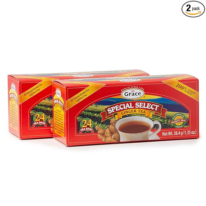 Grace Special Select Ginger Tea Bags 1.34oz 2 Pack - All Natural Herbal Tea & Caffeine Free - Pure Ginger Root Tea Bags - 48 Count